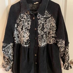 Black Corduroy Jacket with White Embroidery by POL MED